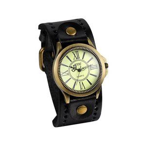 Unisex steampunk Retro Bronze Dial Black Vintage Style Wide Leather Watch